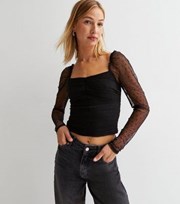 New Look Black Flocked Spot Mesh Ruched Top